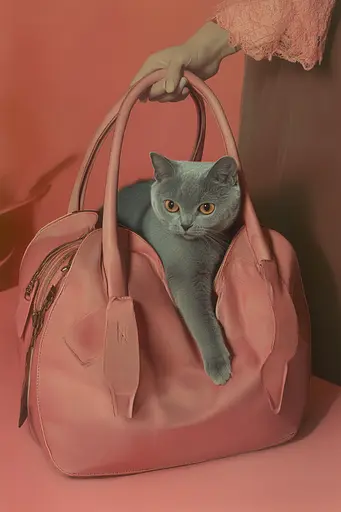 Midjourney generated image using SREF code Liminal Bloom: A cat is sitting in a pink handbag on a table.