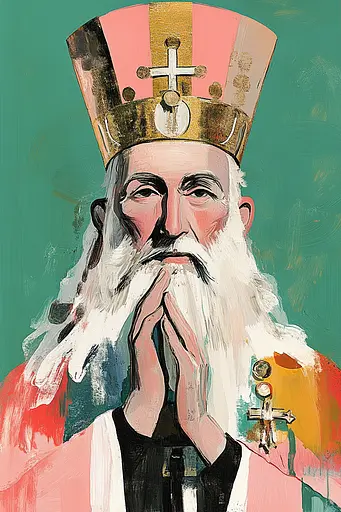 Midjourney generated image using SREF code Tinted Tableaux: A painting of a man with a long white beard and a crown.