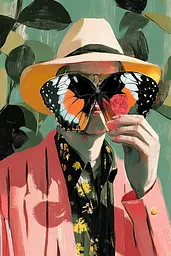 Midjourney generated image using SREF code Tinted Tableaux: A woman in a hat and sunglasses holding a butterfly.