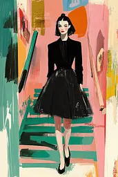 Midjourney generated image using SREF code Tinted Tableaux: A painting of a woman in a black dress walking down a hallway.