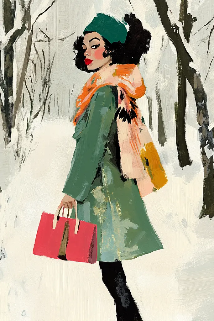 Midjourney generated image using SREF code Tinted Tableaux: A painting of a woman walking in the snow carrying shopping bags.