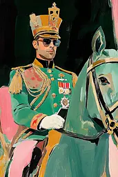 Midjourney generated image using SREF code Tinted Tableaux: A painting of a man in a military uniform riding a horse.