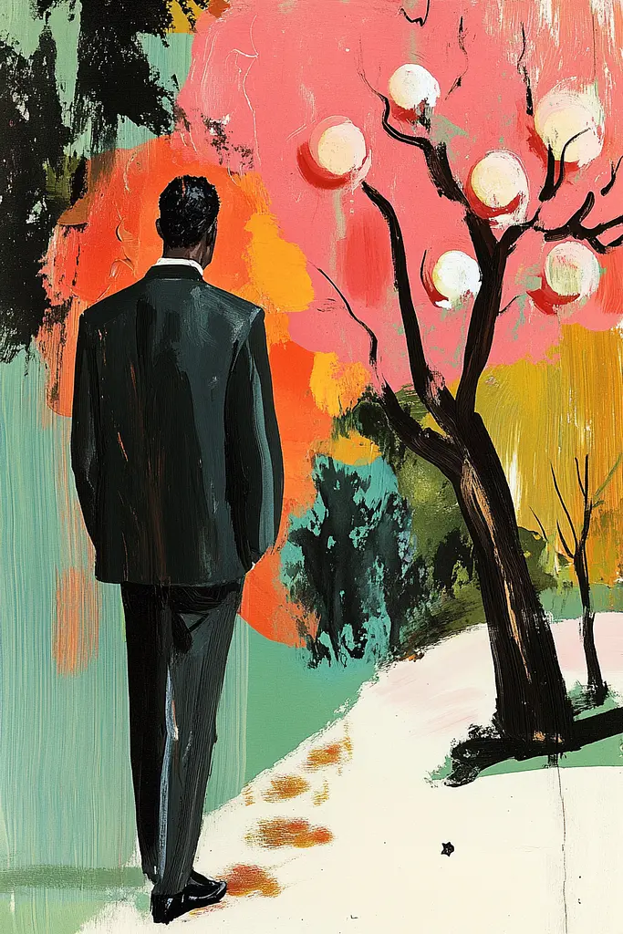 Midjourney generated image using SREF code Tinted Tableaux: A painting of a man in a suit walking down a path.