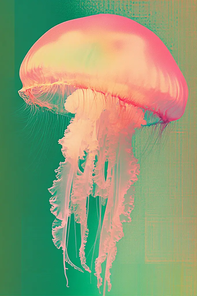 Midjourney generated image using SREF code Dreamwave Vortex: A pink jellyfish floating in the water on a green background.