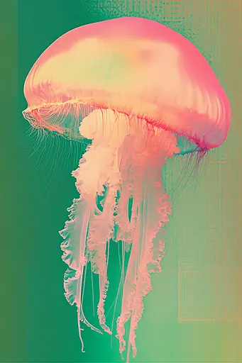 Midjourney generated image using SREF code Dreamwave Vortex: A pink jellyfish floating in the water on a green background.