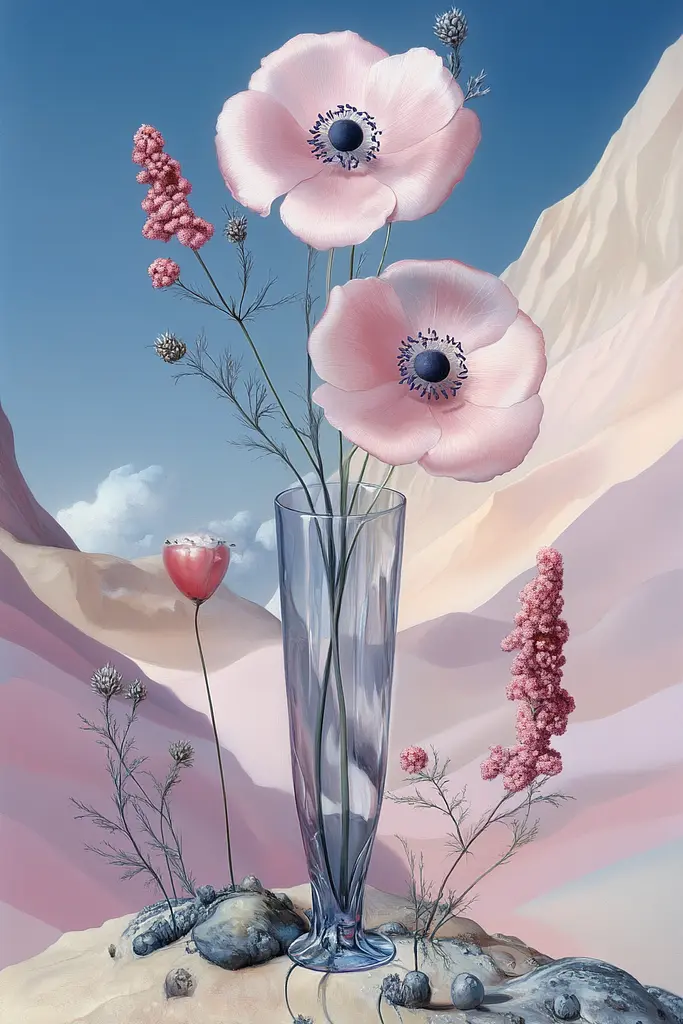 Midjourney generated image using SREF code Cerebral Bubble Gum: A painting of pink flowers in a glass vase on a rock.