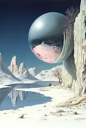 Midjourney generated image using SREF code Cerebral Bubble Gum: A painting of a snowy landscape with a large sphere in the middle.