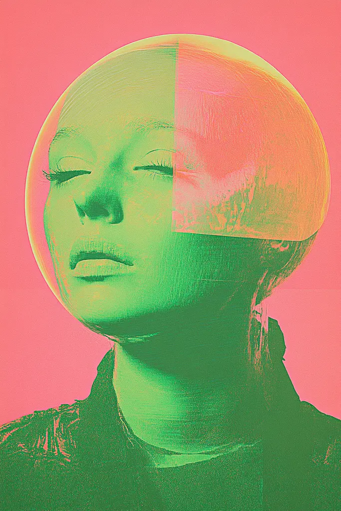 Midjourney generated image using SREF code Dreamwave Vortex: A woman with her eyes closed and a pink and green background.