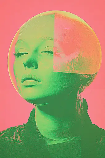 Midjourney generated image using SREF code Dreamwave Vortex: A woman with her eyes closed and a pink and green background.