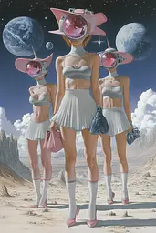 Midjourney generated image using SREF code Cerebral Bubble Gum: A group of women standing on top of a desert.