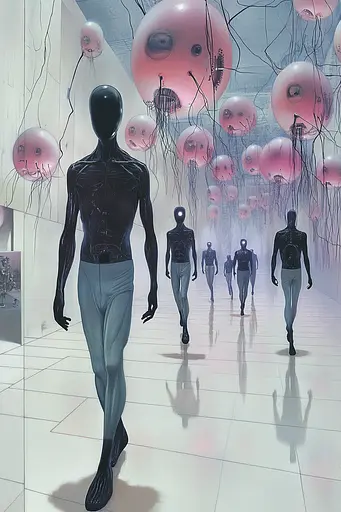 Midjourney generated image using SREF code Cerebral Bubble Gum: A group of people walking through a room filled with pink balloons.