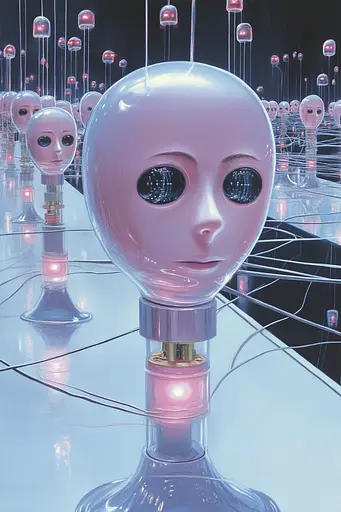 Midjourney generated image using SREF code Cerebral Bubble Gum: A painting of a pink robot head in a room full of lights.