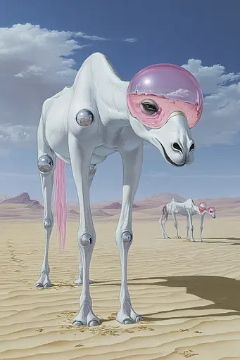 Midjourney generated image using SREF code Cerebral Bubble Gum: A white horse with a pink bubble on its head in the desert.