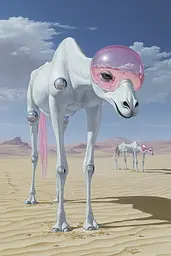 Midjourney generated image using SREF code Cerebral Bubble Gum: A white horse with a pink bubble on its head in the desert.