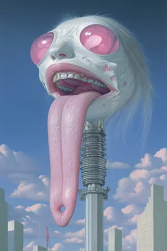 Midjourney generated image using SREF code Cerebral Bubble Gum: A painting of a woman sticking out her tongue in front of a city.