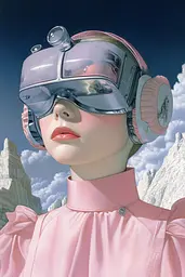 Midjourney generated image using SREF code Cerebral Bubble Gum: A woman wearing a pink dress and a pair of goggles.