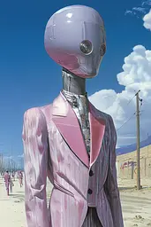 Midjourney generated image using SREF code Cerebral Bubble Gum: A mannequin wearing a pink suit standing in the middle of a desert.