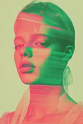 Midjourney generated image using SREF code Dreamwave Vortex: A woman's face is shown with a green and pink background.