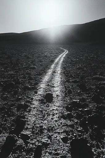 Midjourney generated image using SREF code Tonal Tales: A black and white photo of a dirt road in the desert.