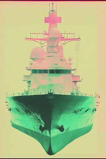 Midjourney generated image using SREF code Dreamwave Vortex: A large ship with a pink and green background.