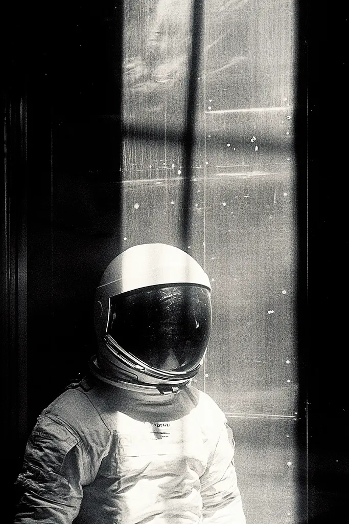 Midjourney generated image using SREF code Tonal Tales: A black and white photo of an astronaut in a space suit.