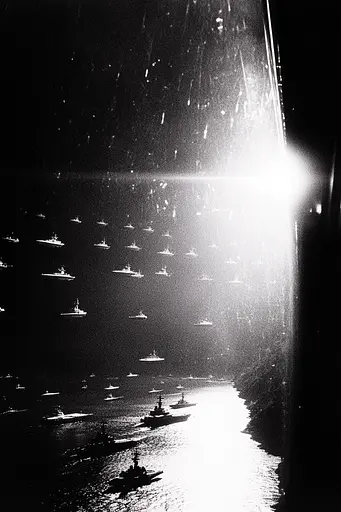 Midjourney generated image using SREF code Tonal Tales: A black and white photo of a large group of ships in the water.