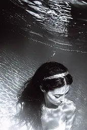 Midjourney generated image using SREF code Tonal Tales: A woman in a white dress is submerged in the water.