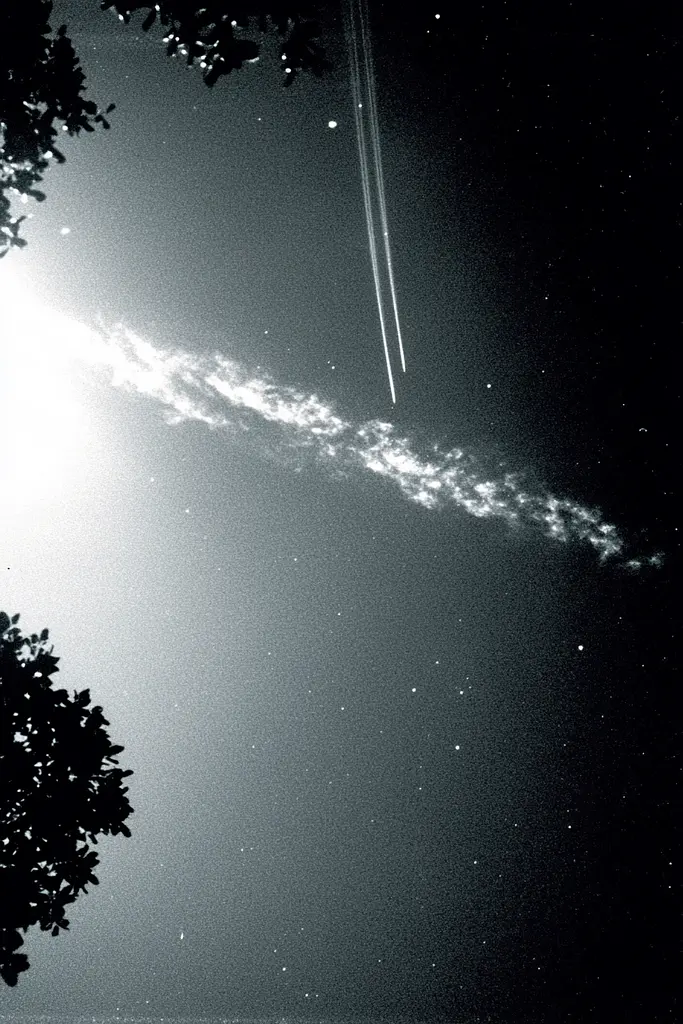 Midjourney generated image using SREF code Tonal Tales: A black and white photo of a comet in the sky.