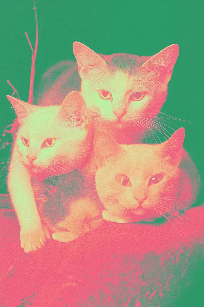 Midjourney generated image using SREF code Dreamwave Vortex: A group of three cats sitting on top of a red couch.