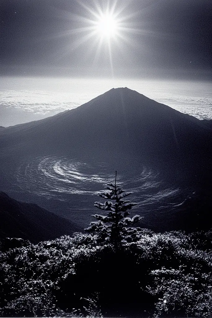 Midjourney generated image using SREF code Tonal Tales: A black and white photo of the sun shining over a mountain.