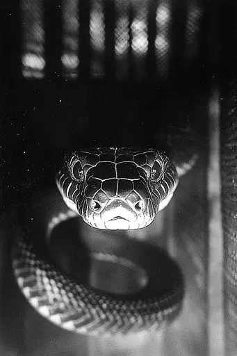 Midjourney generated image using SREF code Tonal Tales: A black and white photo of a snake in a cage.