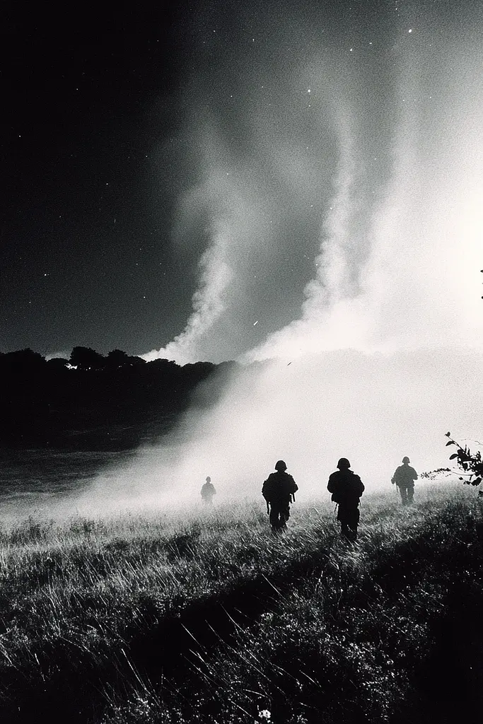 Midjourney generated image using SREF code Tonal Tales: A group of soldiers walking through a field at night.