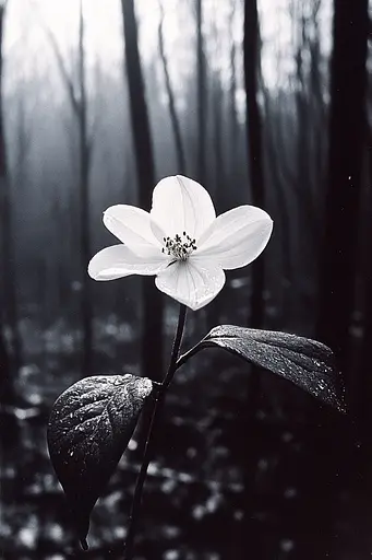 Midjourney generated image using SREF code Tonal Tales: A single white flower in the middle of a forest.