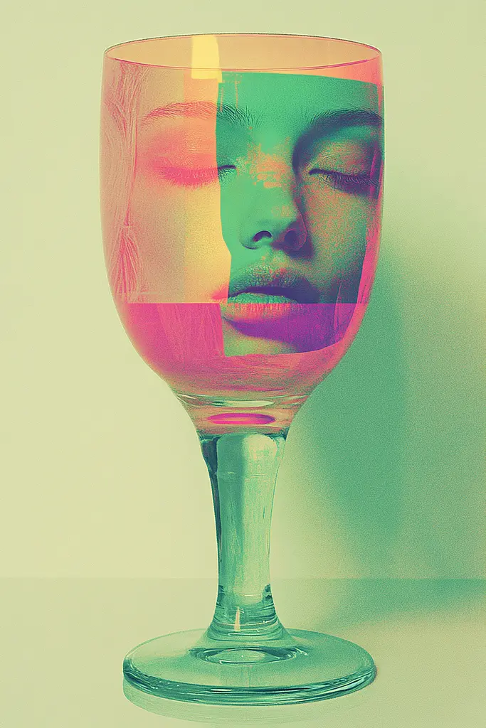 Midjourney generated image using SREF code Dreamwave Vortex: A glass with a woman's face inside of it.