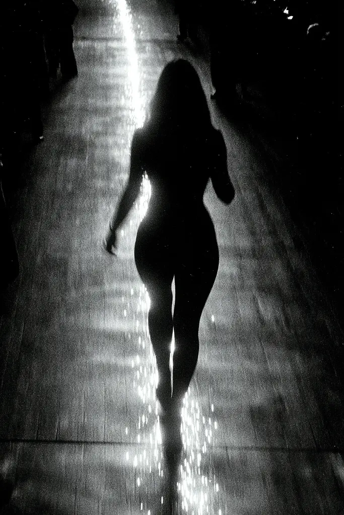 Midjourney generated image using SREF code Tonal Tales: A black and white photo of a woman walking down a dance floor.