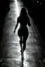 Midjourney generated image using SREF code Tonal Tales: A black and white photo of a woman walking down a dance floor.