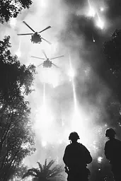 Midjourney generated image using SREF code Tonal Tales: A black and white photo of two soldiers and a helicopter.