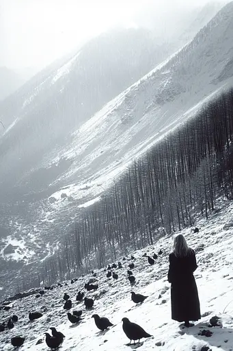 Midjourney generated image using SREF code Tonal Tales: A woman standing in the snow surrounded by crows.