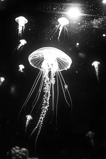 Midjourney generated image using SREF code Tonal Tales: A group of jellyfish floating in the water.