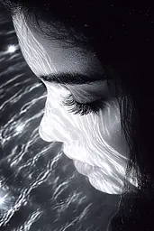 Midjourney generated image using SREF code Tonal Tales: A black and white photo of a woman's face in the water.