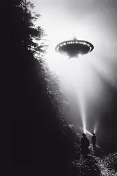 Midjourney generated image using SREF code Tonal Tales: A black and white photo of a ufo flying over a forest.