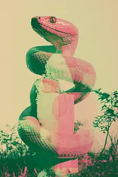 Midjourney generated image using SREF code Dreamwave Vortex: A pink and green snake sitting on top of a cement block.