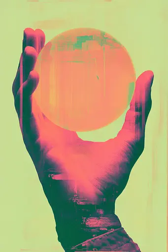 Midjourney generated image using SREF code Dreamwave Vortex: A person holding a crystal ball in their hand.