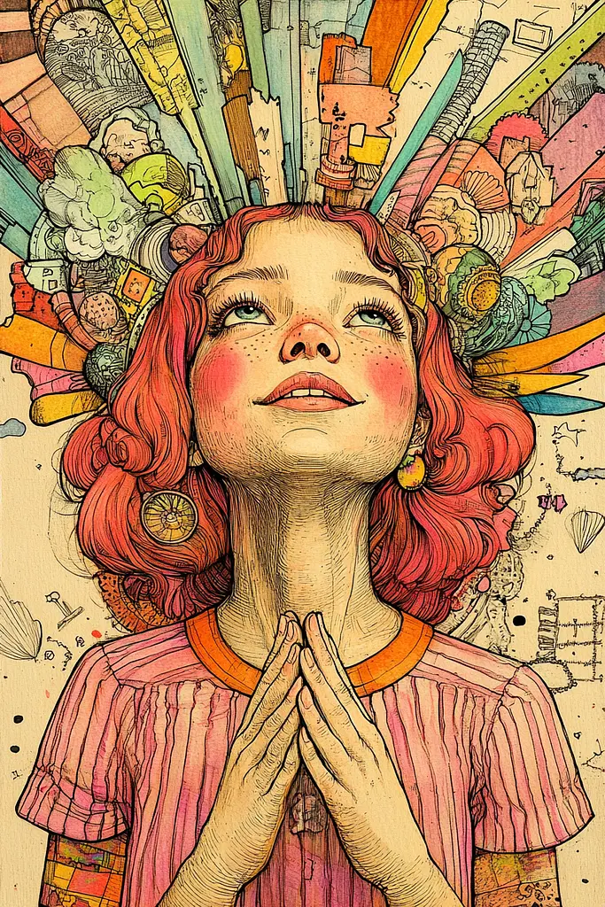 Midjourney generated image using SREF code Psychedelic Panoramas: A drawing of a girl with her hands clasped in prayer.