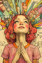 Midjourney generated image using SREF code Psychedelic Panoramas: A drawing of a girl with her hands clasped in prayer.