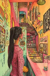 Midjourney generated image using SREF code Psychedelic Panoramas: A drawing of a woman standing in front of a bar.