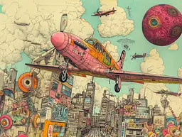 Midjourney generated image using SREF code Psychedelic Panoramas: A pink airplane flying over a city filled with lots of buildings.