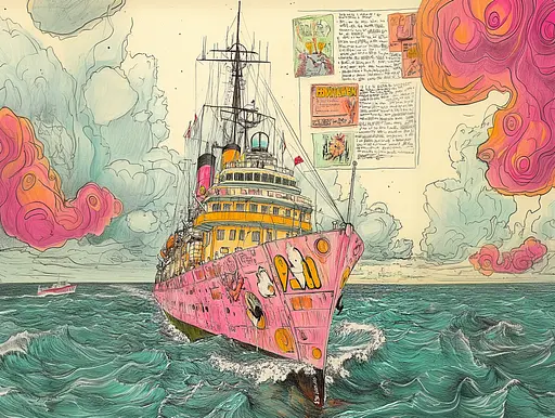 Midjourney generated image using SREF code Psychedelic Panoramas: A drawing of a pink ship in the ocean.