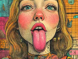 Midjourney generated image using SREF code Psychedelic Panoramas: A drawing of a girl sticking out her tongue.