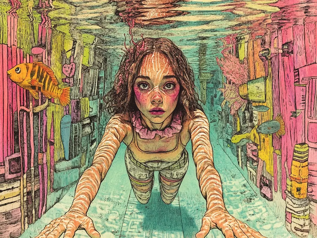 Midjourney generated image using SREF code Psychedelic Panoramas: A drawing of a girl in a room with fish.